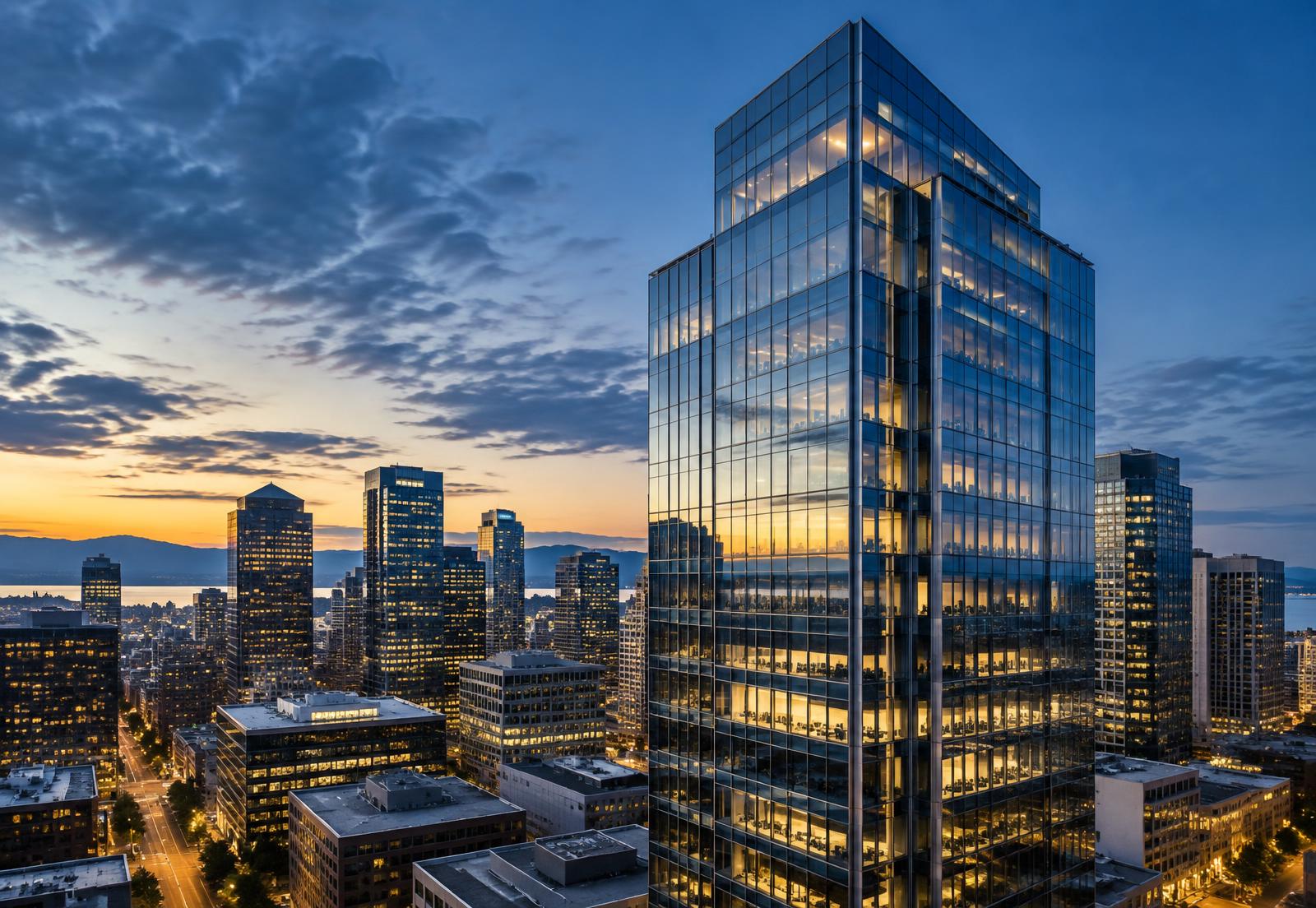 Modern commercial office tower in a downtown business district